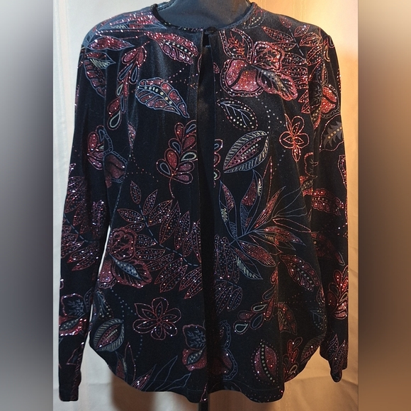 Vintage NOTATIONS Black Velvet Jacket with Pink Glitter Design - Picture 1 of 7